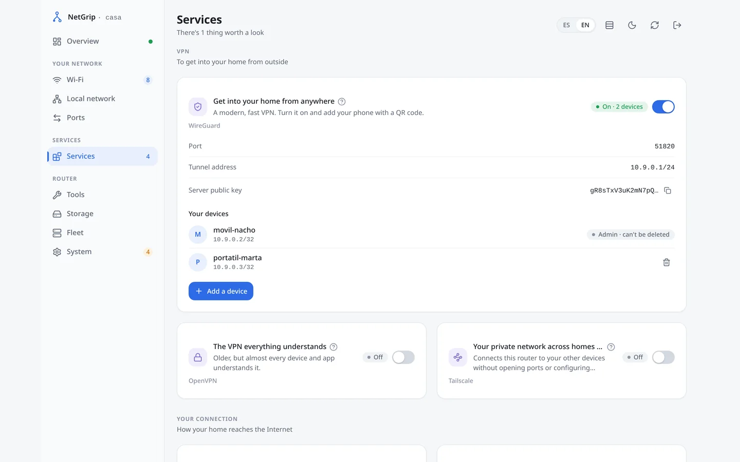 Pantalla de servicios de NetGrip: tarjetas de VPN WireGuard, DDNS, SQM y cortafuegos
